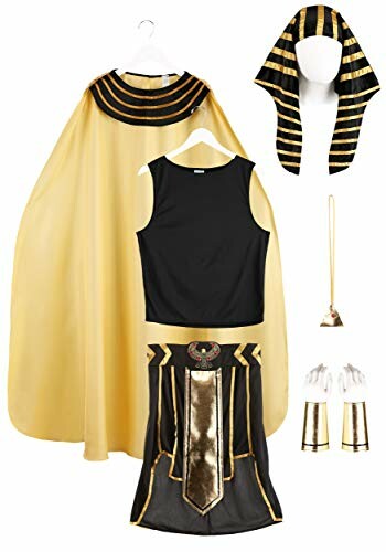 Egyptian costume set with cloak, headpiece, belt, and accessories.