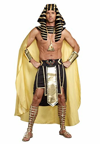 Man wearing Egyptian pharaoh costume with gold and black headdress.