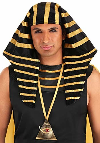 Person wearing an Egyptian pharaoh costume with striped headdress.