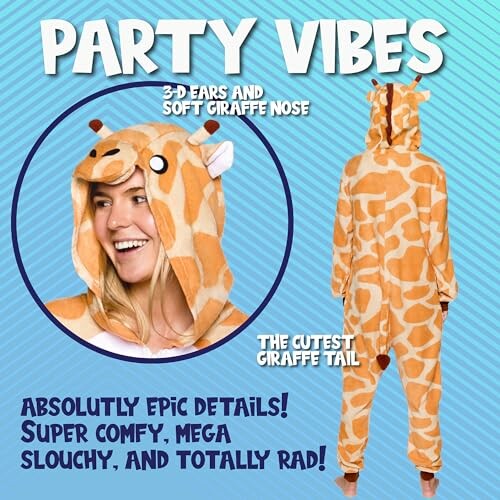 Woman wearing giraffe onesie with 3D ears and tail.