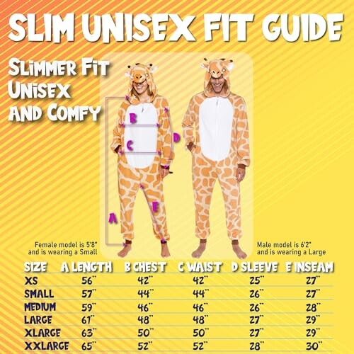 Slim unisex fit guide for giraffe onesie with size chart and models.