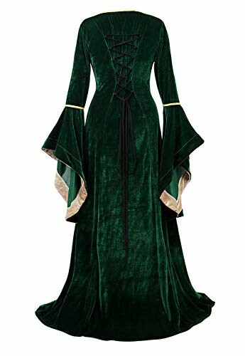 Back view of a green velvet medieval-style dress with lace-up detail and flared sleeves.