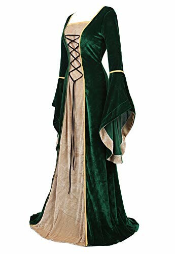 Green velvet Renaissance dress with flared sleeves and lace-up front.