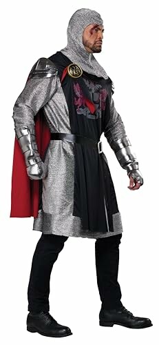 Person wearing a medieval knight costume with armor and red cape