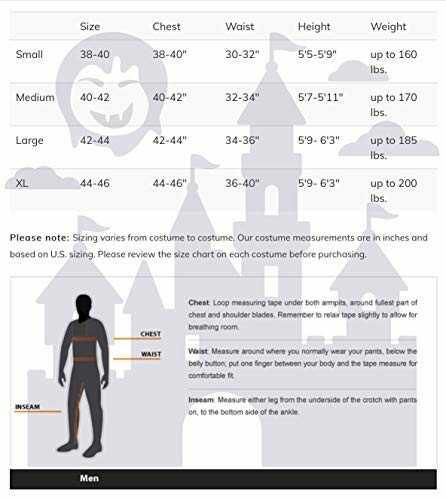 Men's costume size chart with measurements for chest, waist, height, and weight.