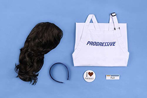 Progressive costume set with wig, apron, headband, button, and name tag.