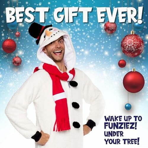 Person in snowman costume with festive background and text 'Best Gift Ever!'