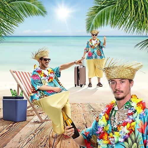 Three men in tropical attire enjoying a beach vacation with drinks.