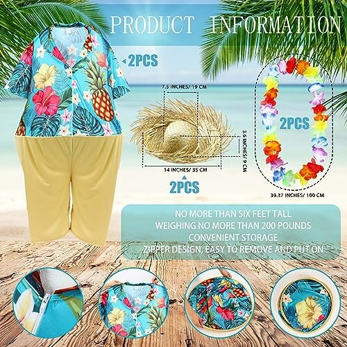 Tropical outfit set with hat and floral lei, featuring size and design details.