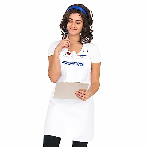 Woman in white apron holding a clipboard